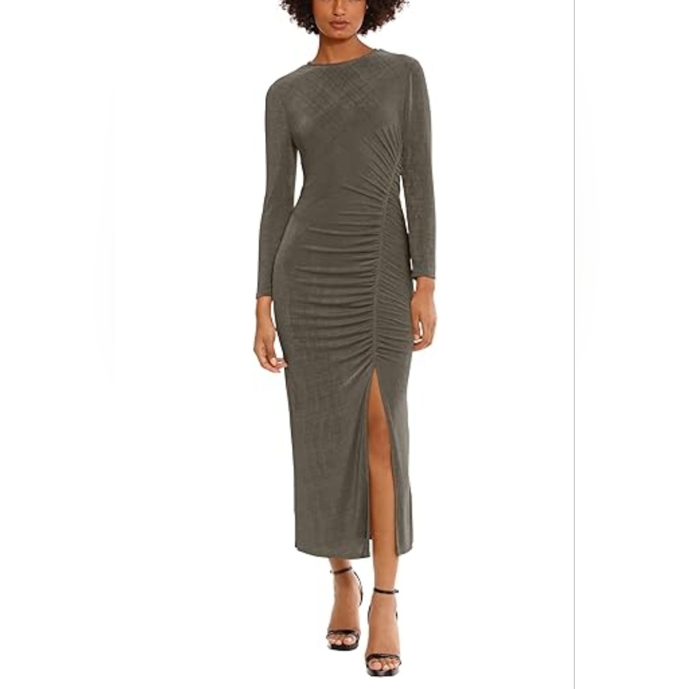 Donna Morgan Long Sleeve Ruched Side Midi Dress